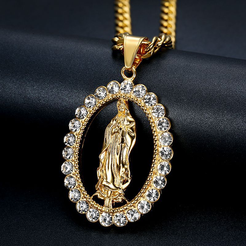 Collar Virgen María en Acero Titanio, Baño Oro 18 K