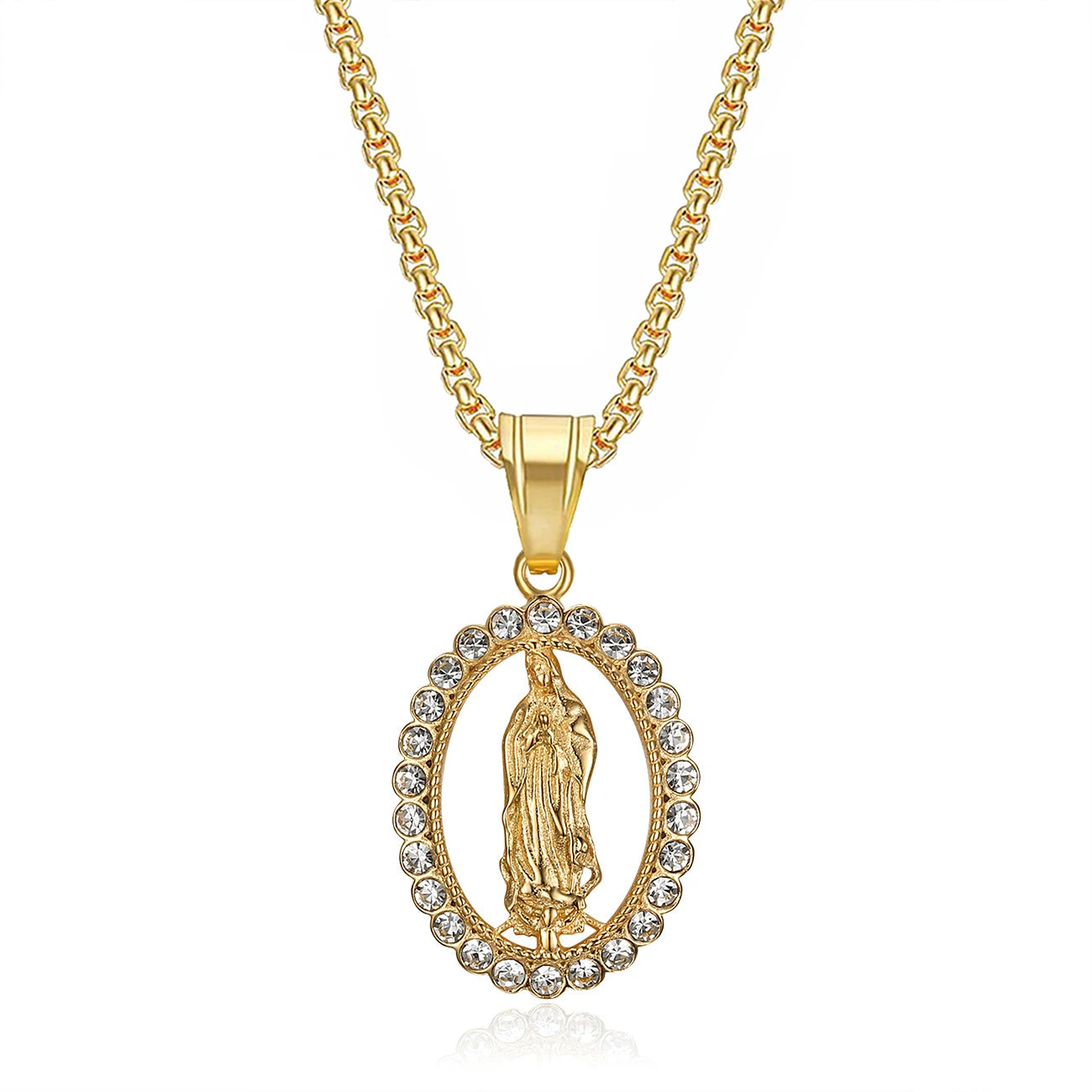 Collar Virgen María en Acero Titanio, Baño Oro 18 K