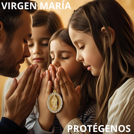 Collar Virgen María en Acero Titanio, Baño Oro 18 K
