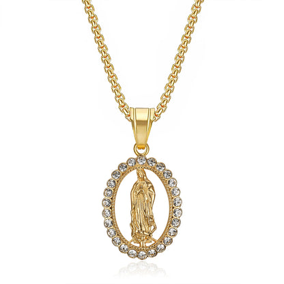 Collar Virgen María en Acero Titanio, Baño Oro 18 K